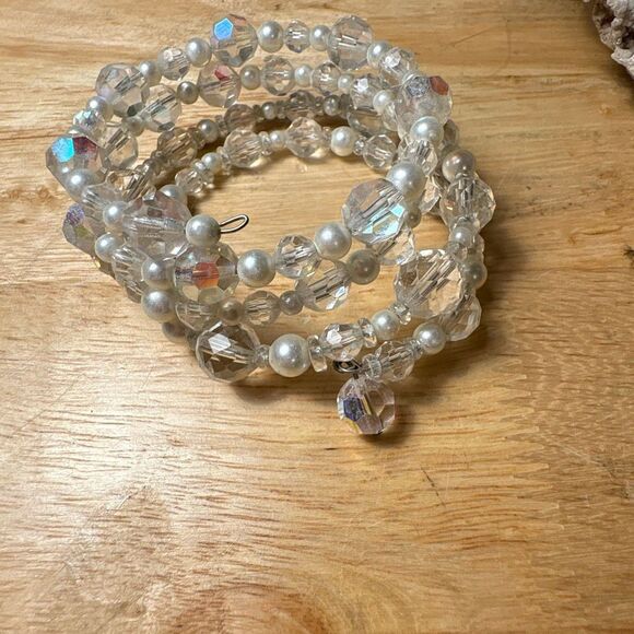 White Pearl and Crystal Wrap Bracelet, Handmade, Artisan - Picture 1 of 5